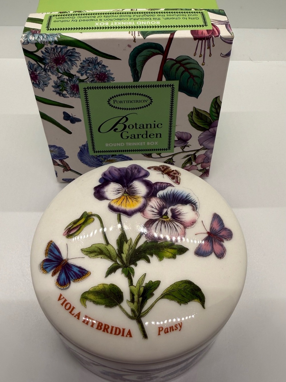 Portmeirion Botanic Garden Pansy Floral Trinket Box - White, Purple, Green